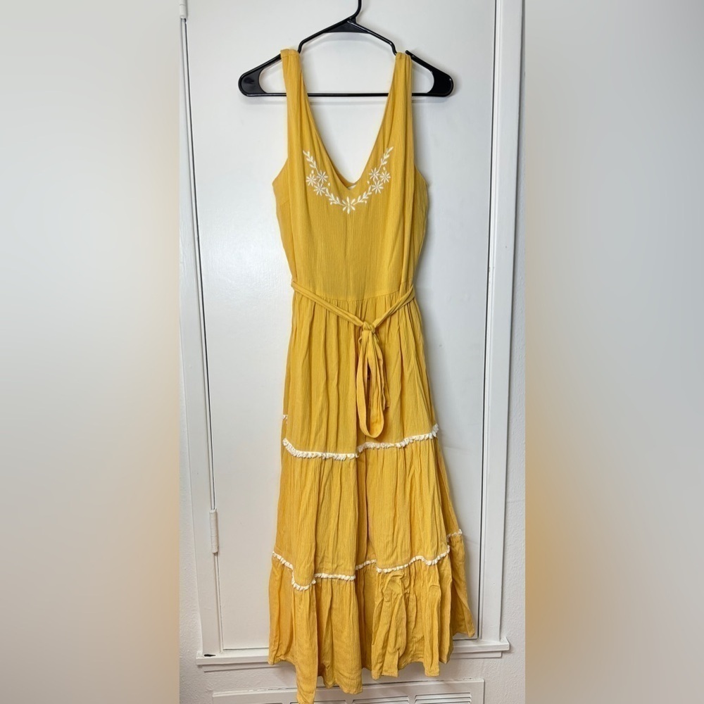 Joie Gauzy Yellow White Floral Embroidered Sleeveless Tiered Midi Dress Size 8